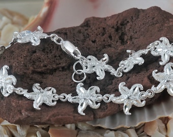 Silver starfish link Bracelet. 7 - 7 1/2" .925 Sterling Diamond sea star, marine life jewelry. lobster claw lock. Free fast shipping