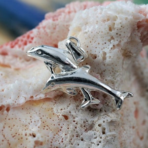 Silver Dolphin pendant 1&quot; wide .925 Sterling Diamond cut double dolphin charm, Fast Free Shipping. Leaping dolphins. sea life gift for her