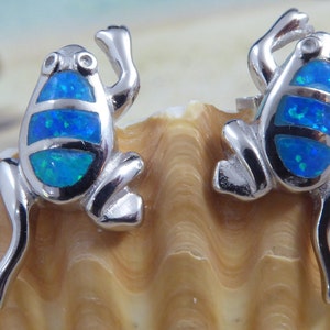 Silver frog Opal earrings. 7/8" tall .925 Sterling Rhodium plated frog stud post earrings, sea life jewelry, Fast free Shipping. frog gift
