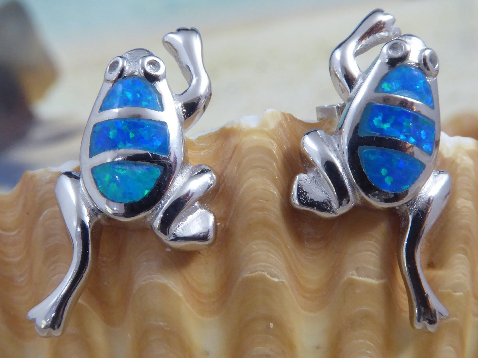 Sterling Silver Rhodium Plated Frog Opal Stud Earrings. 7/8