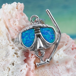 Silver diver&#39;s mask pendant, 3/4&quot; + 1/4&quot; long bail Rhodium plate .925 Sterling snorkel w/ Opal lens. Fast free shipping, scuba diver jewelry