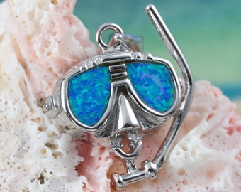 Silver diver's mask pendant, 1" long w/bail Rhodium plate .925 Sterling snorkel and Opal lens. Fast free shipping, scuba diver's jewelry