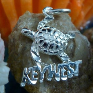 Key West sea turtle charm, 1&quot; w/bail tall Sterling Silver name charm, Diamond cut, Souvenir jewelry. fast free shipping. sea turtle pendant.