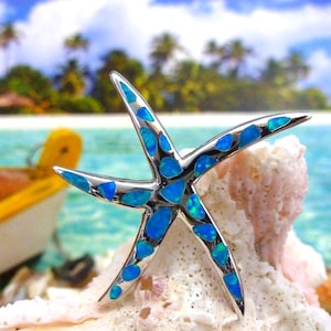Silver Starfish slide Pendant, 1 3/8&quot; tall. x 1 1/4&quot; wide Rhodium plated .925 Sterling Opal sea star charm, gift for her, Fast free shipping