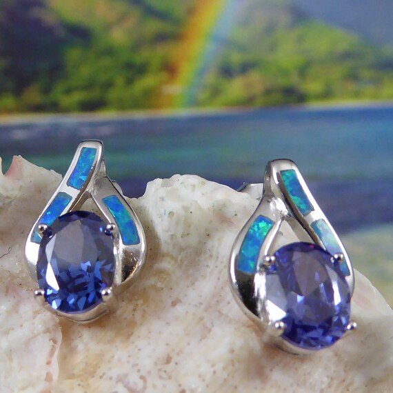 Boucles D'oreilles Créoles En Argent 925 Avec Opale Synthétique Bleue Et Diamant - Neuf Sans Boîte