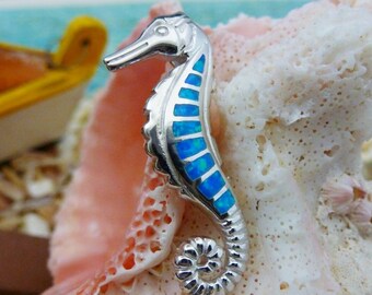 Silver Opal Seahorse slide 1 1/4" tall .925 Sterling Rhodium finish Blue Opal sea dragon Pendant, Sea life Jewelry, Fast free Shipping