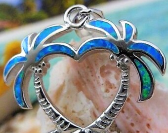 Silver heart  2 Palm Tree Pendant, Rhodium plate .925 Sterling 1 1/8" with bail Blue Opal, Tropical Jewelry, Fast and Free Shipping