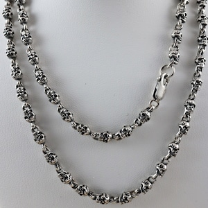 Silver skull chain. .925 Sterling 4 mm wide x 4.5 mm long skulls link necklace, fast free shipping Antique finish Lobster claw. Handmade