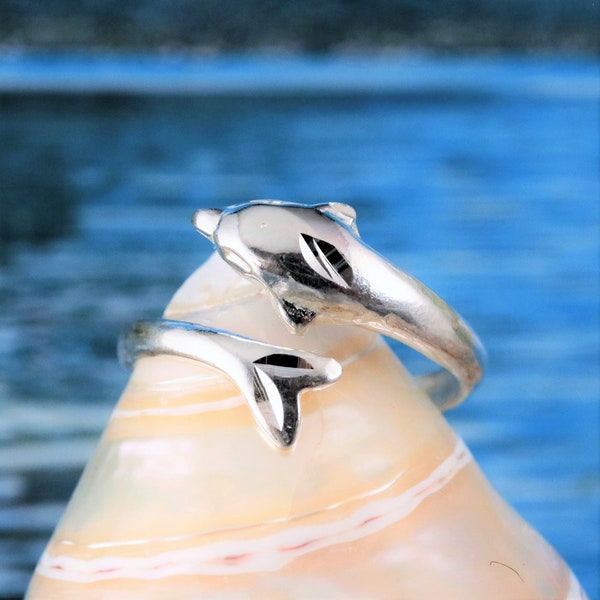 Silver dolphin ring adjustable sizes 5-6-7-8 Diamond cut .925 Sterling Silver ladies porpoise ring, sea life jewelry. Fast free shipping