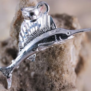 Silver 3-D Sailfish pendant. 3/4&#39; tall + 1/4&quot; bail, 1 1/16&quot; wide .925 Sterling, Diamond cut, gift for her fast free shipping!