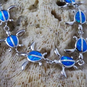 Sea Turtle link Bracelet 7 3/4&quot;, Rhodium plated .925 Sterling Silver, Blue Opal, Sea life jewelry souvenir, fast free shipping