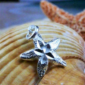 Silver Starfish charm, 5/8&quot; tall + 1/4&quot; bail Diamond cut solid .925 Sterling sea star pendant. Fast free shipping, starfish jewelry for her