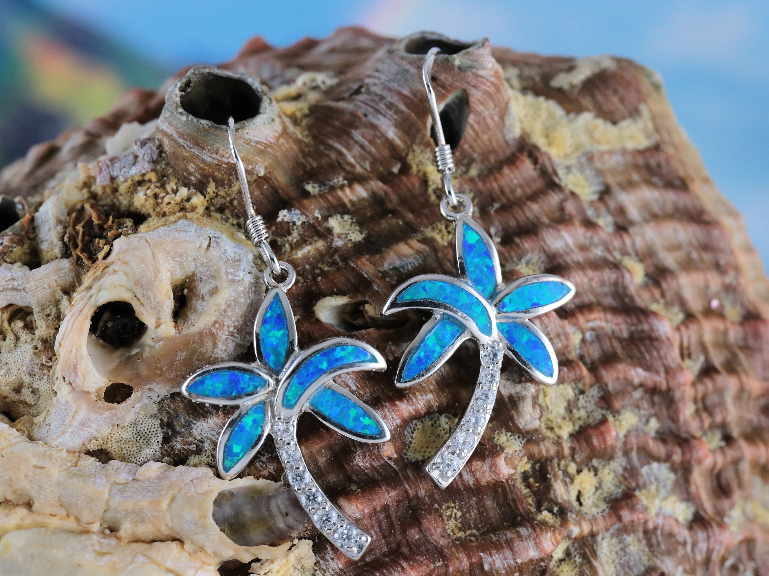 Silver Palm Tree Earrings 1 3 8 Long W wire .925 Sterling Rhodium