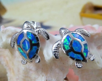 Silver Sea Turtle earrings, 9/16&quot; Rhodium plated .925 Sterling Opal studs Sea life Jewelry gift for her, sea turtle post, fast free shipping