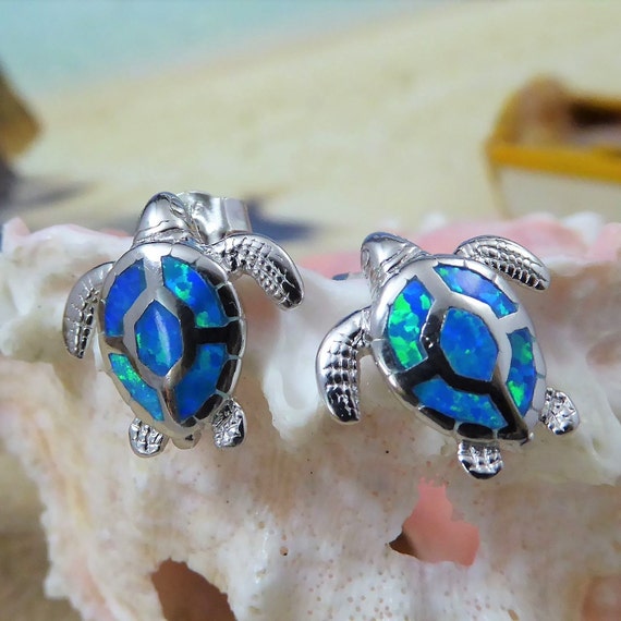 Turtle Stud Earrings with White Synthetic Opal Inlay Turtle Stud Earrings with White Synthetic Opal Inlay