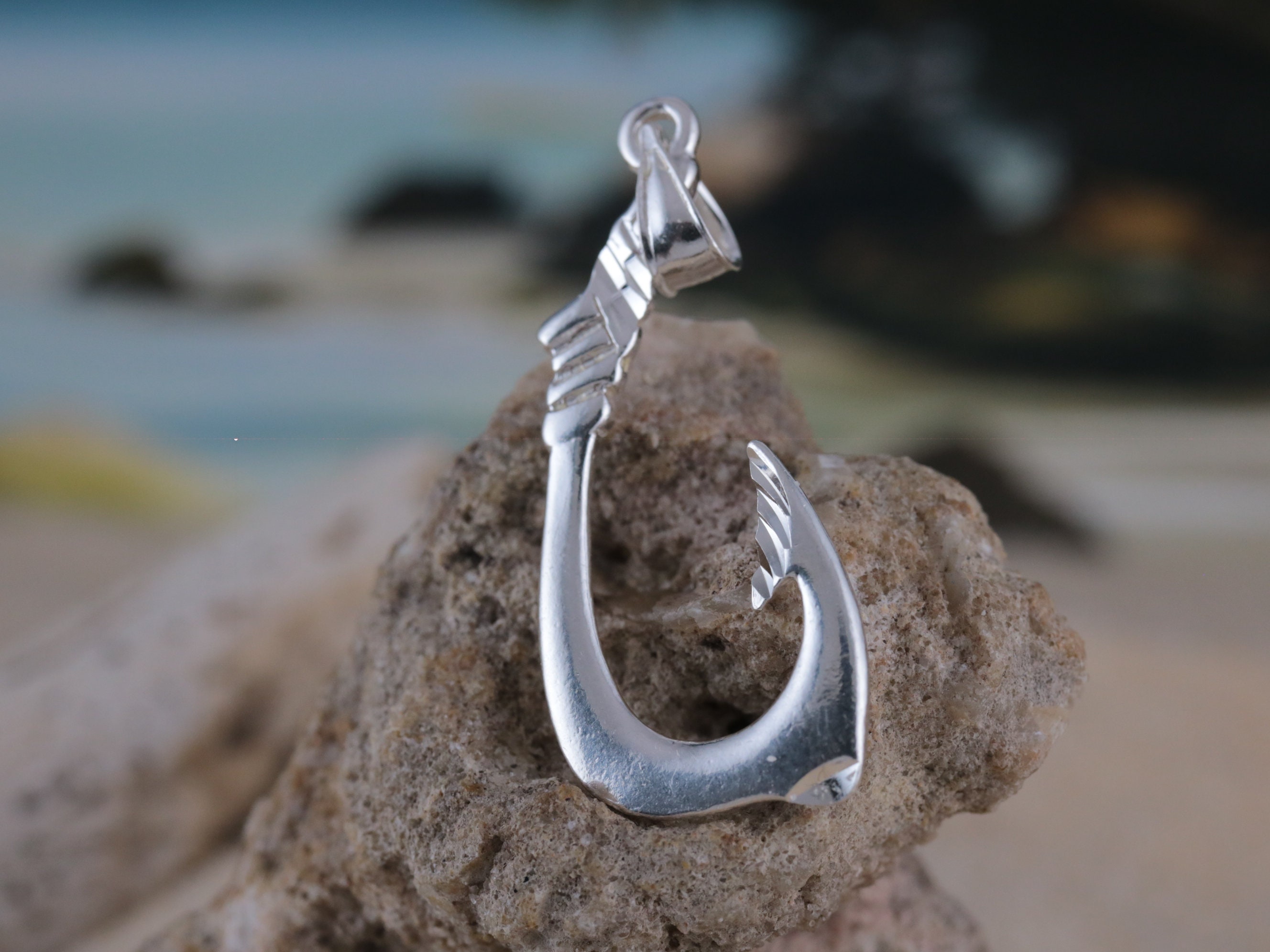 Silver Fish Hook Pendant, 1 7/16 Tall W/bail .925 Sterling Diamond