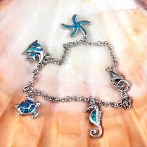 Sea life charm Bracelet 925 Sterling Silver Rolo link with 4 inlaid blue Opal charms, Rhodium finish fast ships free! lobster claw lock
