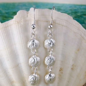 May include: Silver dangle earrings with three shell-shaped charms on each earring.