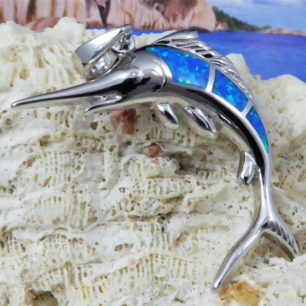 Silver Blue Marlin pendant, 1 1/2" long w/bail .925 Sterling Rhodium finish blue Opal • sea life jewelry gift for her • fast free shipping