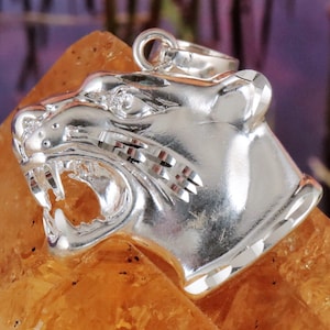Silver panther cat pendant, 1" tall + 1/4" bail. Diamond cut .925 Sterling black pantera head. feline charm, Fast free shipping.