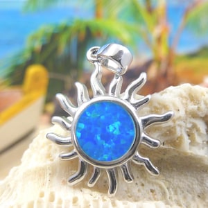 Sterling Silber Rhodium finish blaue Opal Sun Anhänger 2,5 cm hoch + 1/4 Zoll Anhängeröse