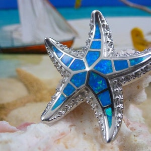 Silver Starfish Pendant, 1 1/2" tall .925 Sterling Rhodium plated Blue Opal sea star slide charm Jewelry, Fast Free Shipping, Gift for her