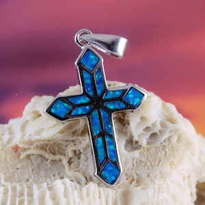 Silver Cross pendant, 1&quot; + 3/8&quot; long bail .925 Sterling Rhodium finish blue Opal cross charm , Religious crucifix Jewelry Fast Free Shipping