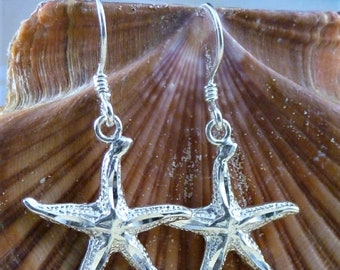 Silver Starfish Earrings • 1 3/8" w/wire Diamond cut .925 Sterling • Sea star dangles, beach souvenir gift for her. Fast free Shipping