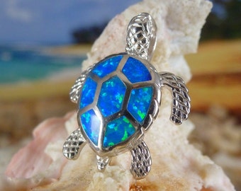 Silver Sea Turtle Pendant, 1&quot; long Rhodium plated .925 Sterling sea turtle slide, blue Opal turtle charm. Free fast Shipping, gift for her