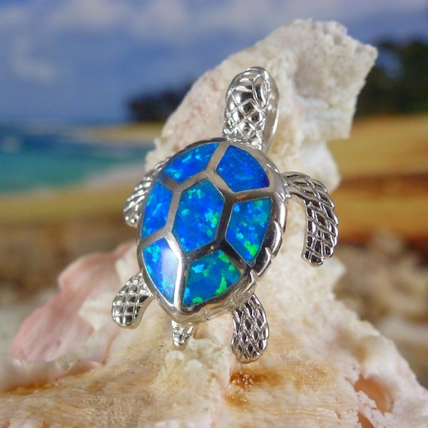 Silver Sea Turtle Pendant, 1" long Rhodium plated .925 Sterling sea turtle slide, blue Opal turtle charm. Free fast Shipping, gift for her