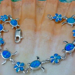Silver Opal Sea Turtle link Bracelet. Plumeria flower combo, Rhodium plated .925 Sterling Blue Opal Sea life jewelry, Fast free shipping