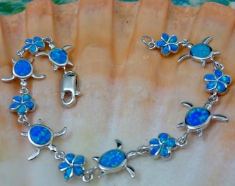 Silver Opal Sea Turtle link Bracelet. Plumeria flower combo , 925 Sterling with Blue Opal, marine life Sea life jewelry, Fast free shipping