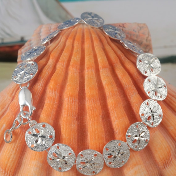 Silver Sand Dollar Link Bracelet .925 Sterling Diamond Cut Sea Life Jewelry Fast Free Shipping Marine Life. Lobster Claw. Adjustable Etsy