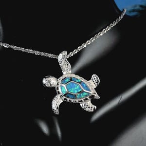 Silver Sea Turtle slide, 1&quot; long Rhodium finish .925 Sterling Blue Opal Turtle charm, gift for her, Fast free shipping
