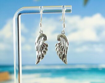 Sterling Silver Diamond Cut Angel Wing Dangle Earrings: 1" + 1/2" tall wire