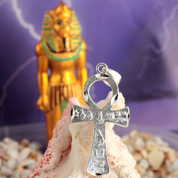 Silver Ankh pendant. 2" long w/bail, .925 Sterling Diamond cut Egyptian religious charm gift. Fast free shipping