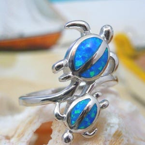 Sterling Silver Rhodium plated Blue Opal Two Turtles Ring: 3/4" tall
