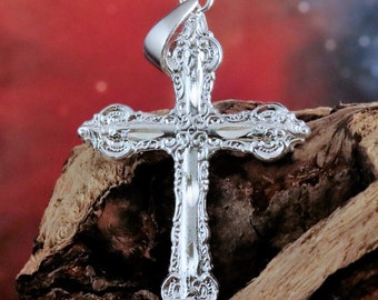 Silver Cross pendant, 2" long w/bail (3/8" x 1/4") .925 Sterling Diamond cut, Religious Jesus Christ Jewelry gift Fast Free Shipping