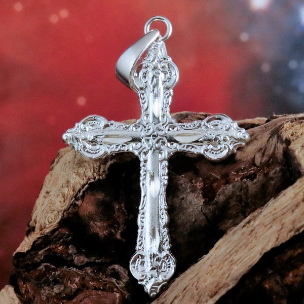 Silver Cross pendant, 2" long w/bail (3/8" x 1/4") .925 Sterling Diamond cut, Religious Jesus Christ Jewelry gift Fast Free Shipping