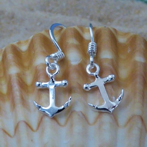 Small Silver anchor earrings, 1 1/16&quot; long w/wire Diamond cut, .925 Sterling anchor dangles, free fast shipping, boat jewelry gifts for her