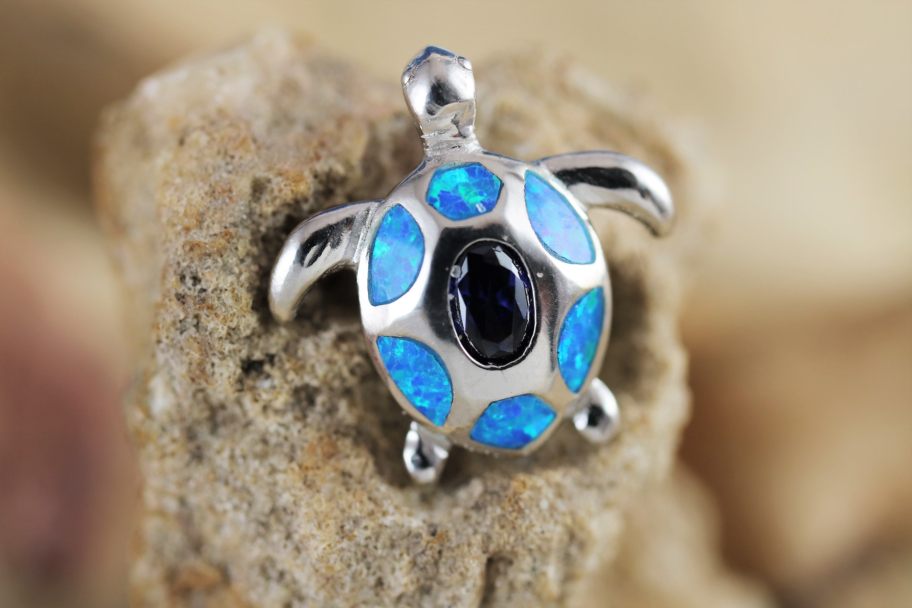 Sterling Silver Synthetic Blue Opal Turtle Oval Pendant Sterling Silver Synthetic Blue Opal Turtle Oval Pendant