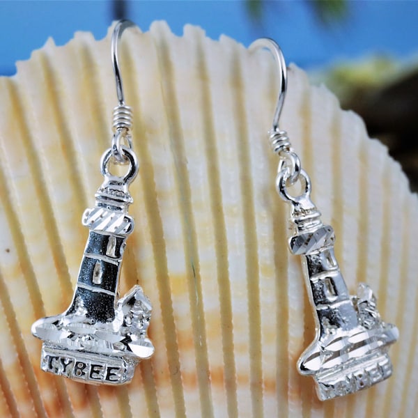 Silver Tybee Island Lighthouse earrings, 1 3/8" long w/wire Diamond cut .925 Sterling free fast shipping, nautical jewelry, maritime,