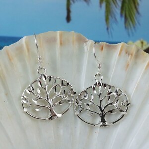 Silver Tree of life earrings, 1 7/16 tall .925 Sterling diamond cut framed family tree dangle earrings gift for her. Fast free shipping image 2