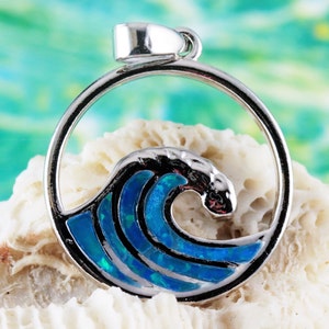 Silver Opal wave pendant, 1" + 1/4" long bail Rhodium plated .925 Sterling ocean wave charm nautical jewelry gift for her Fast free shipping