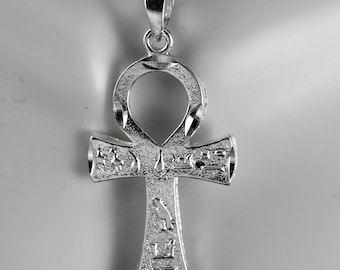 Sterlingzilveren diamantgeslepen Egyptische ankhhanger: 1 3/4" lang + 1/4" borgtochtje