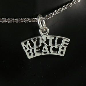 Silver Myrtle Beach charm. 3/8&quot; tall + 1/4&quot; bail x 3/4&quot; wide .925 Sterling souvenir jewelry gift for her. fast free shipping.