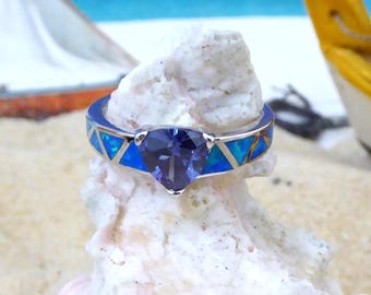 Sterling Silver Tanzanite CZ Ring: Trillion Cut Opal, Rhodium Finish 7mm x 7mm stone