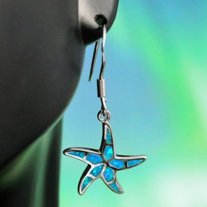 Silber Seestern Ohrringe, 3/4 "+ 7/16" Draht Rhodium .925 Sterling Opal Seestern Schmuck