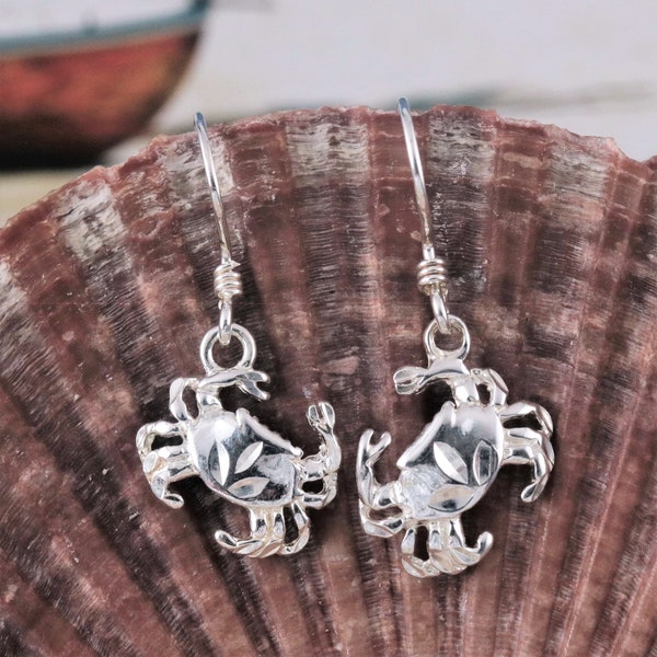 Silver Blue Crab earrings • .925 Sterling Diamond cut Maryland blue crab studs, or crab dangles, Sea life Jewelry, Fast free Shipping