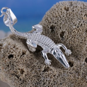 Silver alligator Pendant. 1 1/4&quot; long + 1/4&quot; bail, Diamond cut .925 Sterling Florida gator charm reptile jewelry, Fast Free Shipping